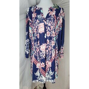 La Cera Womens XL Floral Boho Tunic Top 3/4 Sleeve Blue Pink V-Neck NWT